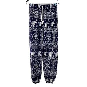 Unisex Harem Pants L Blue Geometric Elephant Bohemian Hippie Tapered Earthy Y2K